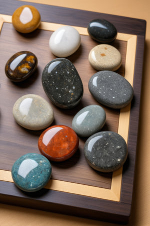Colorful pebbles on a wooden platterの素材