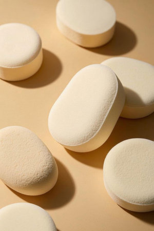 Close up of multiple pills against a light backgroundの素材