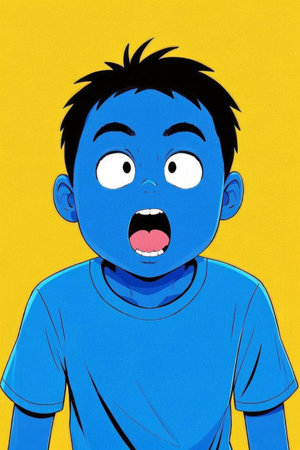 Illustration of a little blue boy with a surprised expressionの素材