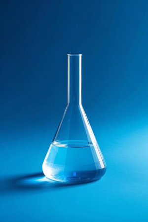 Erlenmeyer flask with liquid on blue backgroundの素材
