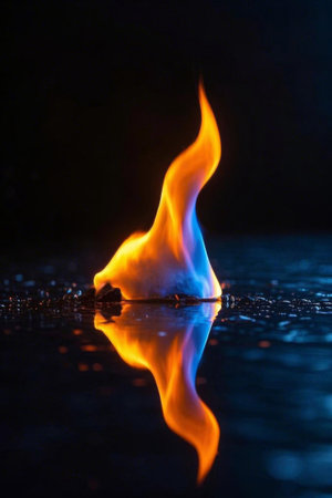 Close up of the burning flames and their reflections on the water surfaceの素材