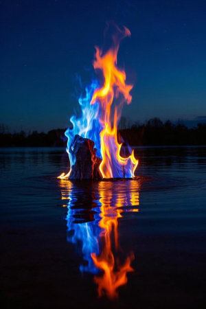 Night view of flames burning on the waterの素材