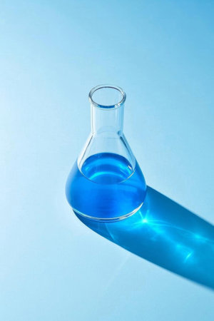 Blue liquid experimental material in an Erlenmeyer flaskの素材