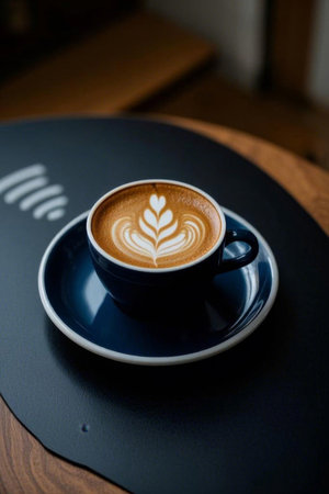 Close up of exquisite latte art coffee on the tableの素材