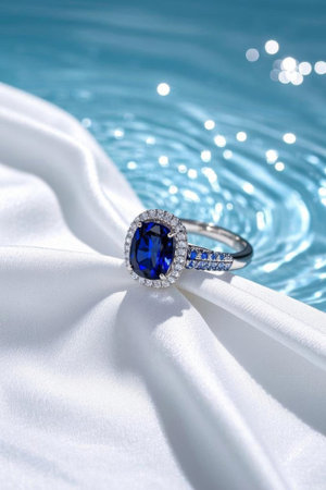 Blue gemstone ring on white silkの素材