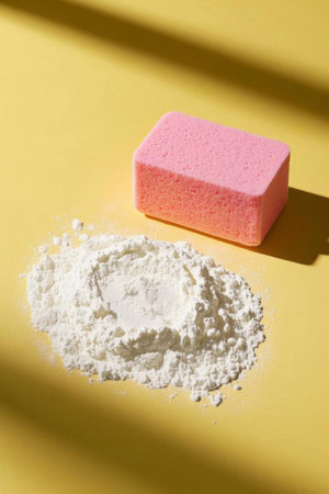 Pink sponge with white powder still lifeの素材