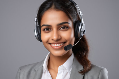 Female customer service representative smiling with headphonesの素材