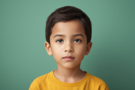 Front frontal portrait of boy on green backgroundの素材