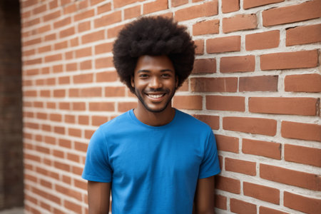 African American man smiling against the wallの素材