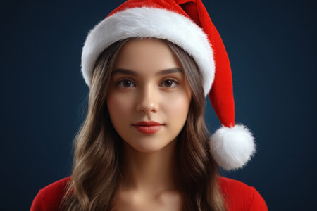 Close up of a woman wearing a Santa hatの素材