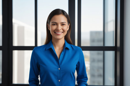 Smiling business woman in blue shirtの素材
