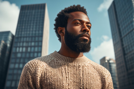 Black man in sweater in the cityの素材