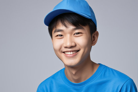 Portrait of a man wearing a blue hat and blue T shirtの素材