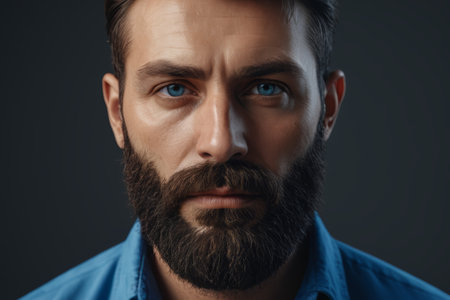 Close up of a man's face with blue eyes and beardの素材