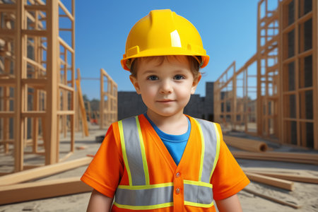 Little boy wearing hard hat and work clothesの素材