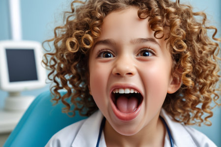 Picture of a little girl opening her mouth and showing her teethの素材