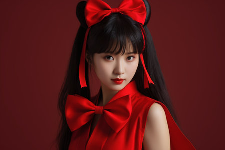 Portrait of a girl with red hair and red dressの素材