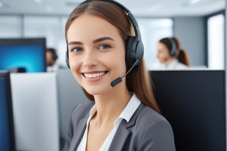 Female customer service representative at the customer service center works with headphonesの素材