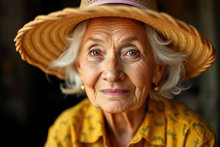 Close up of an elderly woman wearing a straw hatの素材