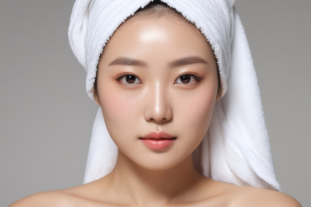 Close up of a woman's face wrapped in a towelの素材