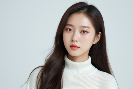 Portrait of a woman with long hair in white turtleneck sweaterの素材