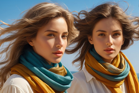 Outdoor portrait of two women wearing scarvesの素材