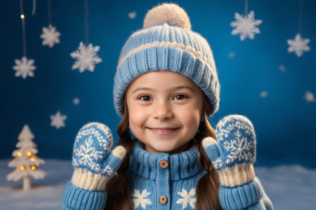 Close up of a girl in a hat dressed up in winter and smilingの素材