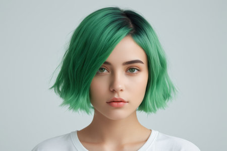 Front portrait of young girl with green hairの素材