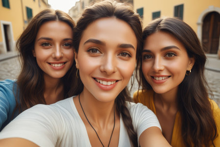Outdoor selfie scene of three womenの素材