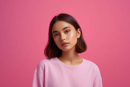 Portrait of young woman in front of pink backgroundの素材
