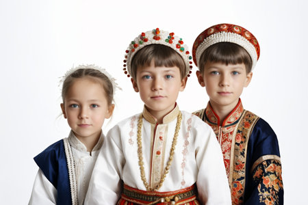Group photo of children in ethnic costumesの素材