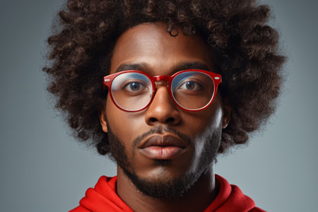 Portrait of black man wearing red rimmed glassesの素材
