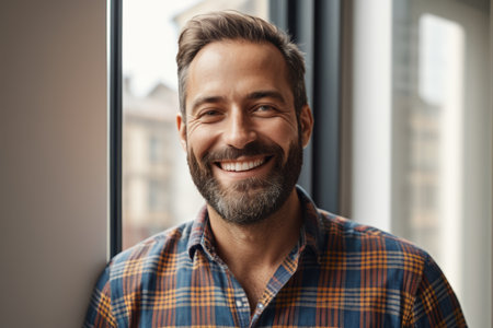 Portrait of smiling man by windowの素材