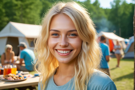 Close up of a blonde woman smiling while campingの素材