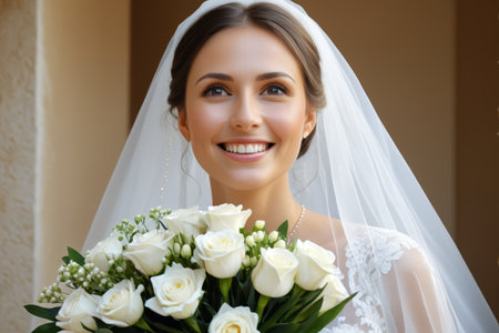 Bride smiling with white rosesの素材