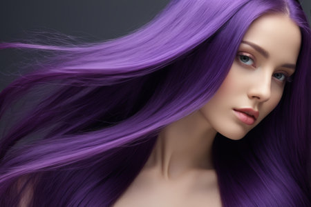 Close up of a woman with long purple hairの素材