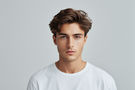 Close up of the face of a man wearing a white T shirtの素材