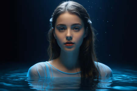 Close up of a young girl portrait in the waterの素材