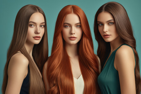 Portrait of three women with long hairの素材