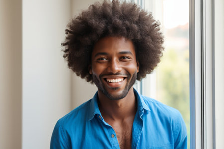 Young man smiling by the windowの素材
