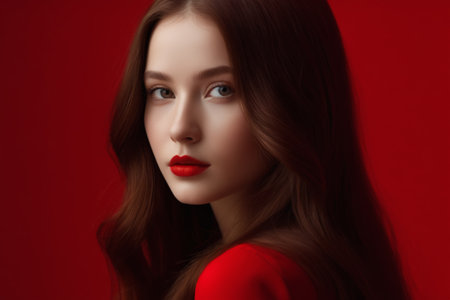 Close up of the face of a woman with long hair in redの素材