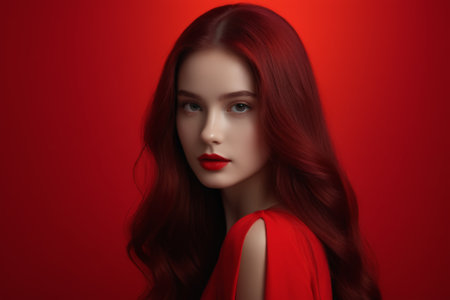 Portrait of a woman with red hair and red backgroundの素材