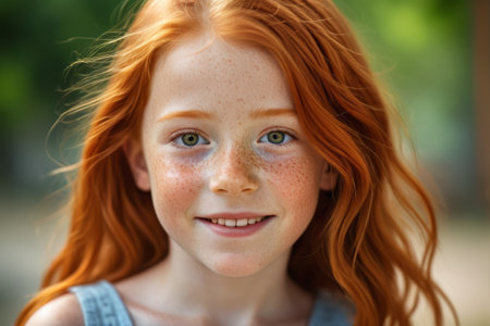Close up of the face of a little girl with red hair and frecklesの素材