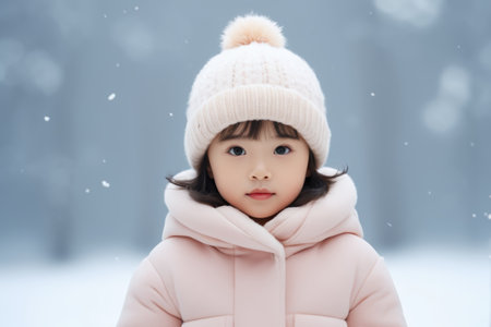Little girl in a hat in the snowの素材