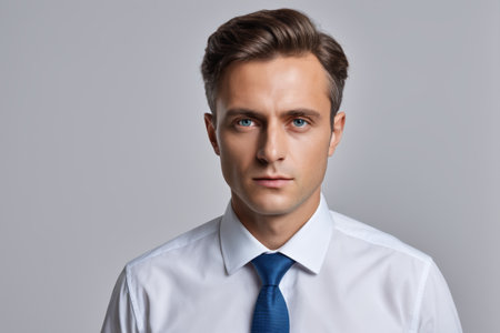 Men wearing white shirts and blue tiesの素材