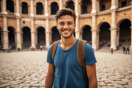 Man smiles and takes a photo in front of the Colosseumの素材