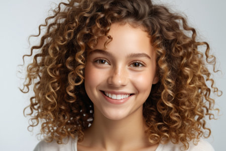 Portrait of a curly haired girl smilingの素材