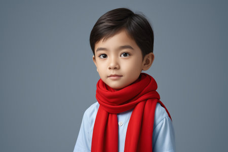 Front portrait of a little boy wearing a red scarfの素材