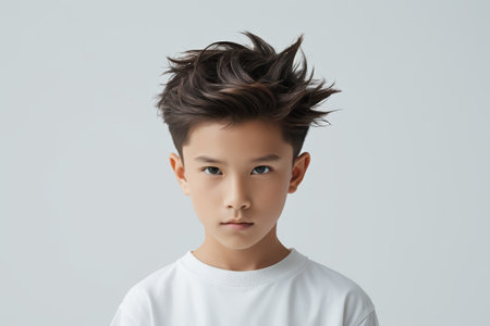 Portrait Close up of Little Boy White Topの素材