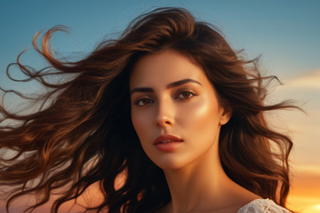 Portrait of a woman with long flowing hair at sunsetの素材